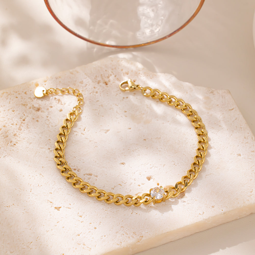 18K Gold Plated 316 Stainless Steel Bracelet with White Cubic Zirconia Stones – Waterproof & Hypoallergenic