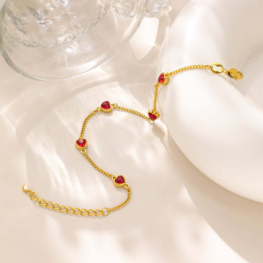 18K Gold Plated 316 Stainless Steel Bracelet with 5 Red Heart Cubic Zirconia Charms – Waterproof & Hypoallergenic