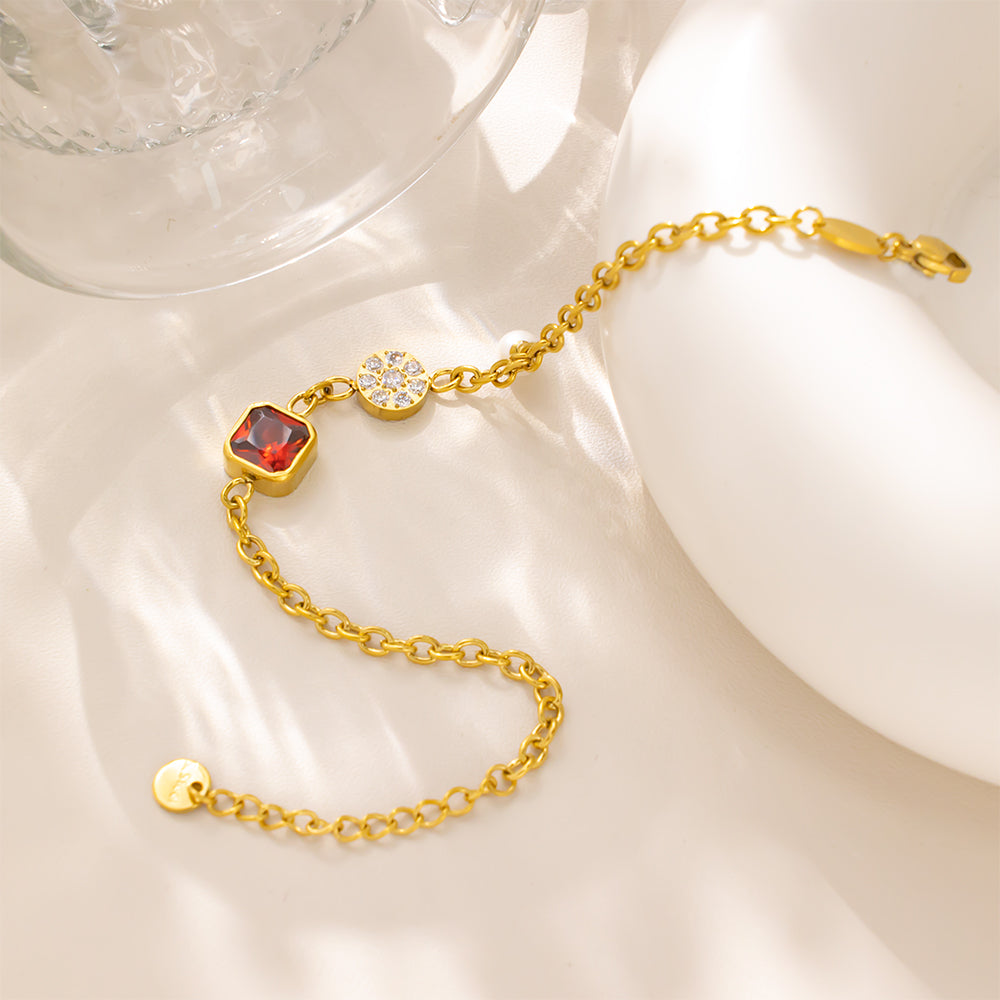 18K Gold Plated 316 Stainless Steel Bracelet with Beads, White & Red Cubic Zirconia – Waterproof & Hypoallergenic