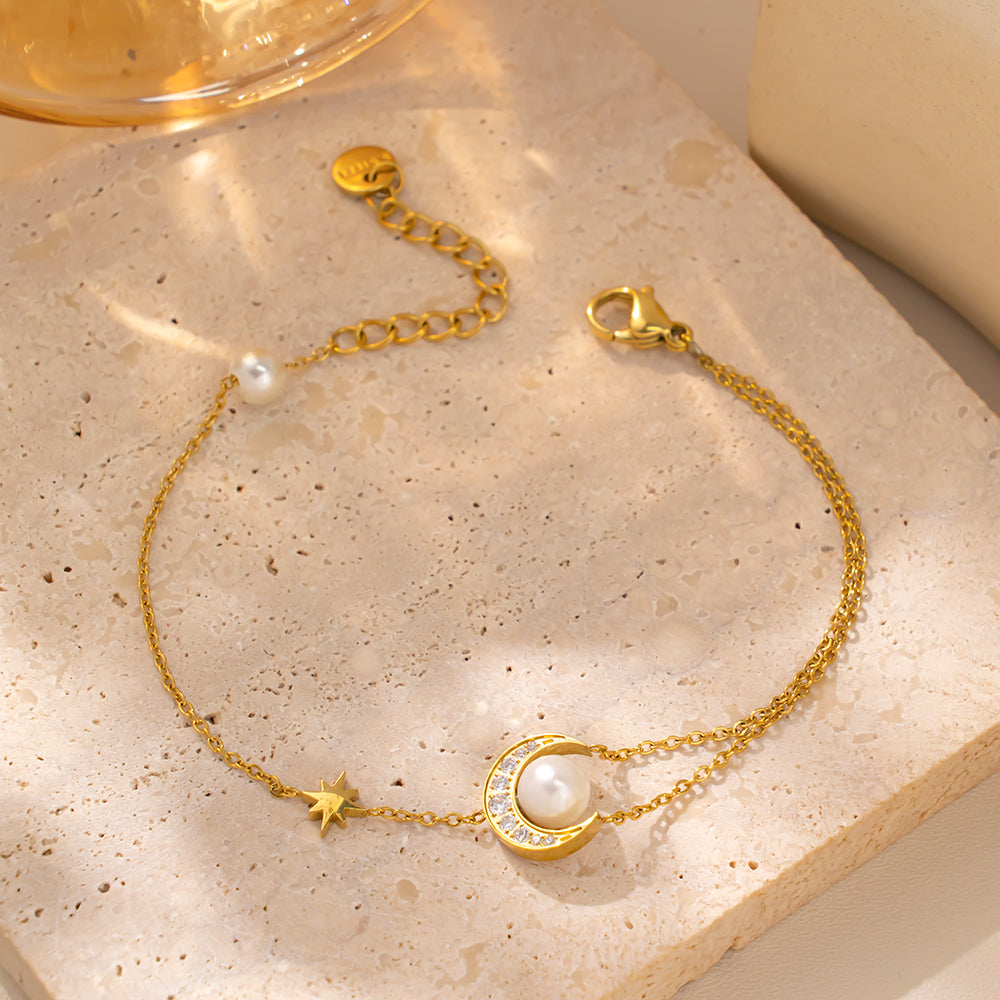 18K Gold Plated 316 Stainless Steel Bracelet with Moon, Beads, Stars & Cubic Zirconia – Waterproof & Hypoallergenic
