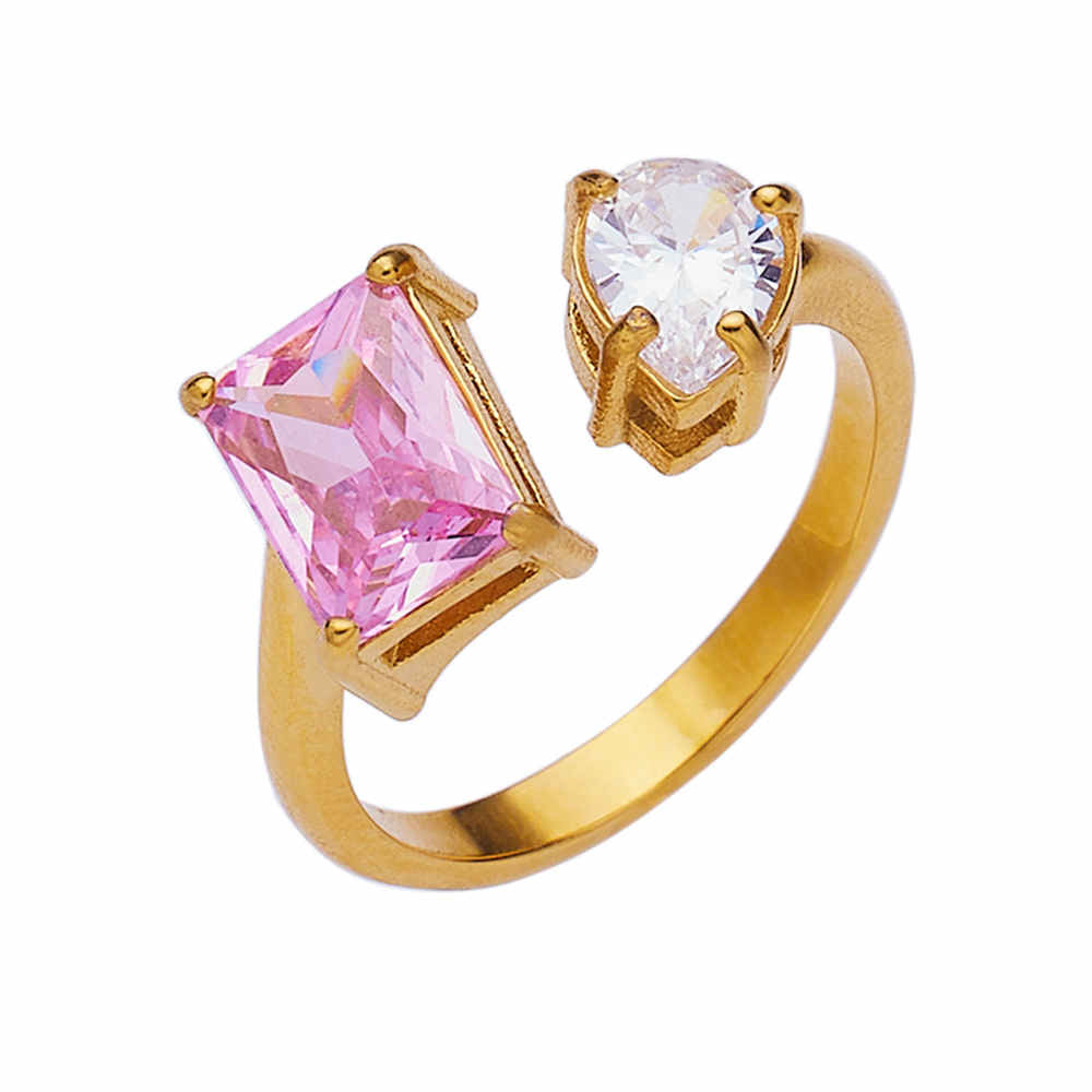 Bague agate et zircon en acier inoxydable plaqué or 18 carats