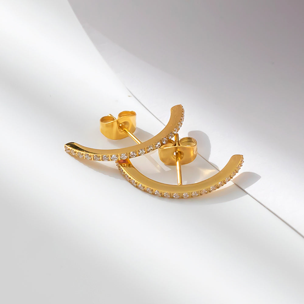 316 Stainless Steel 18K Gold Plated C Shape Earrings | Zircon Inlaid Stylish Jewelry