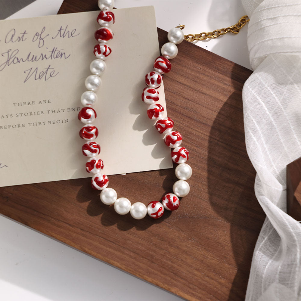 Ember Accent Necklace with White Beads and Red Raised Column Details – Unisex Handmade Jewelry