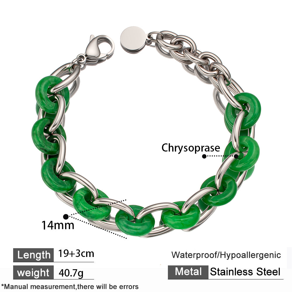 Guardian Jade Circle Bracelet – Green Chalcedony & Silver 316 Stainless Steel, Chunky Chain