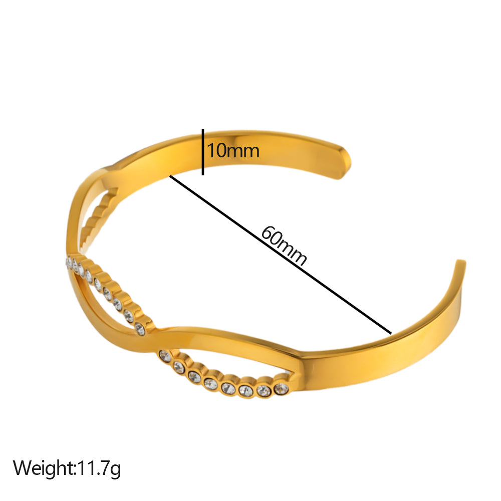316 Stainless Steel 18K Crystal Wave C-Shaped Bracelet | Sparkling Open Design