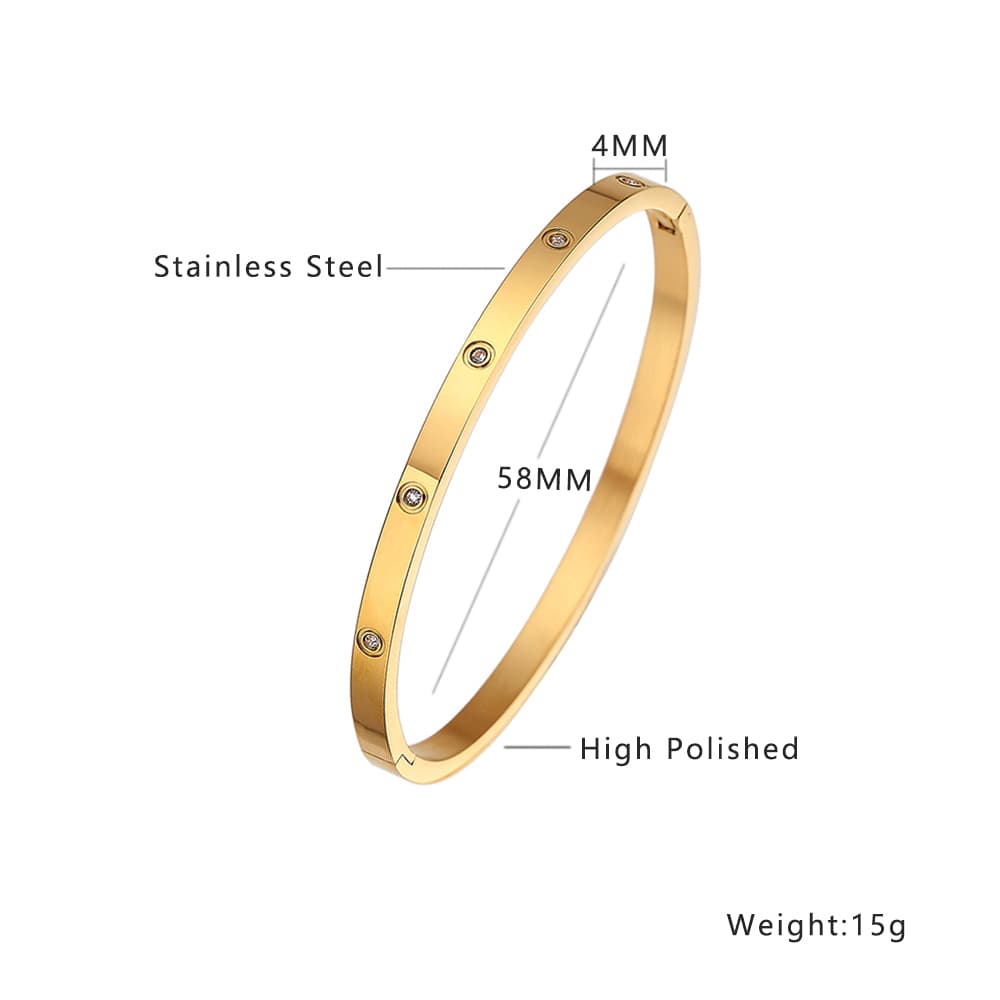 Bracelet jonc goutte ronde en acier inoxydable plaqué or 18 carats avec zircon