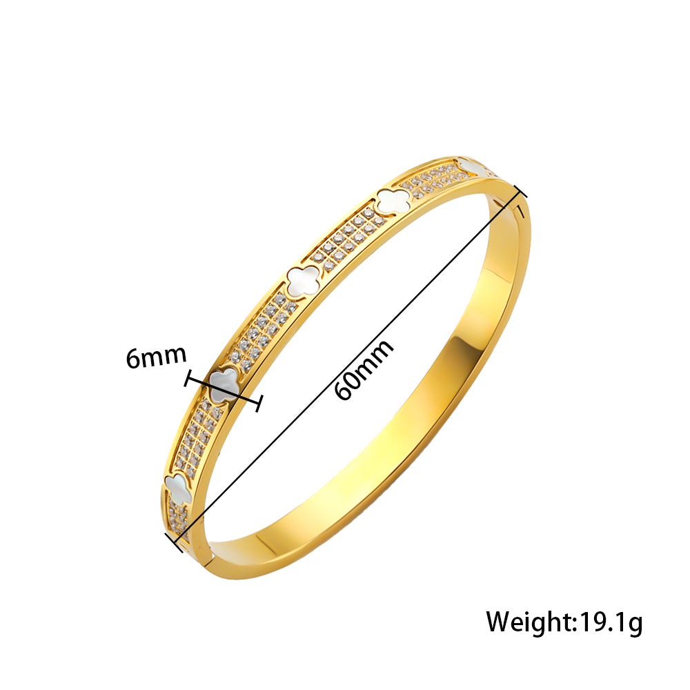 316 Stainless Steel 18K Gold Plated Clover Clasp Bracelet | Shell Accents with Full Crystals