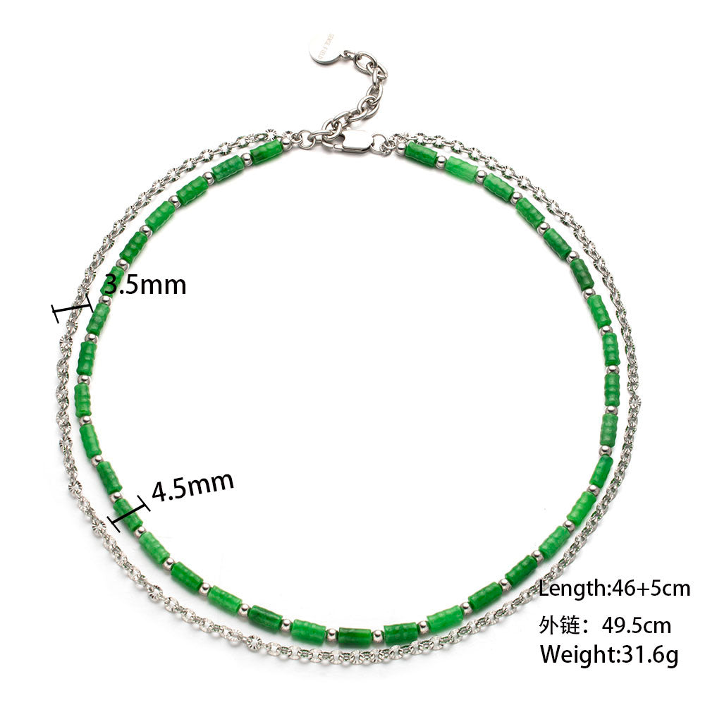 Dual Layer Bamboo Fusion Necklace – Natural Stone Bamboo Style with Stainless Steel Chain, Unisex Handmade Jewelry