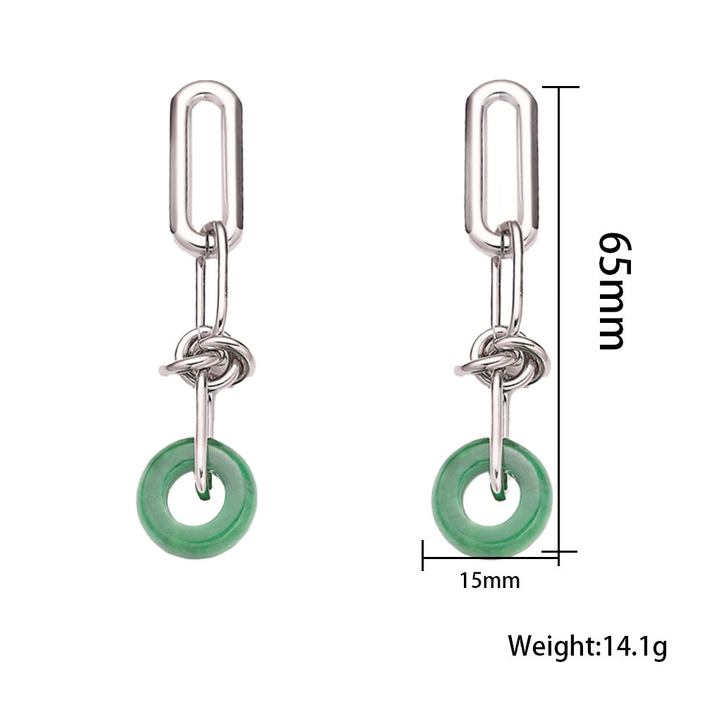 Green Carved Stone Hoop Dangle Earrings – Stainless Steel Chain Earrings with Green Natural Stone Hoop, Unisex