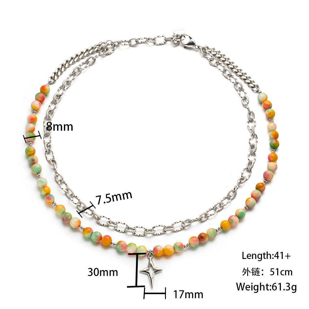 Color Bead Double-Layer Necklace with Stainless Steel Chain – Unisex Handmade Jewelry