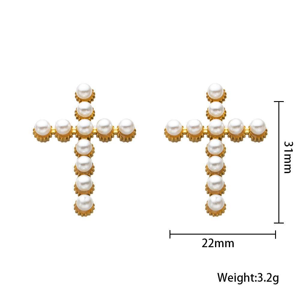 316 Stainless Steel 18K Gold Plated Cross Earrings with White Beads | Minimalist Chic Jewelry