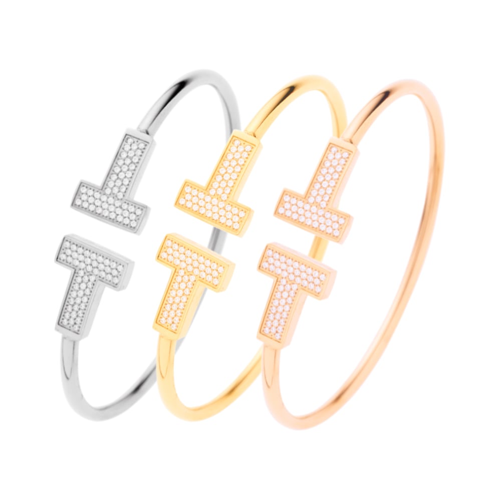 Bracelet ouvert en acier inoxydable plaqué or 18 carats et zircon