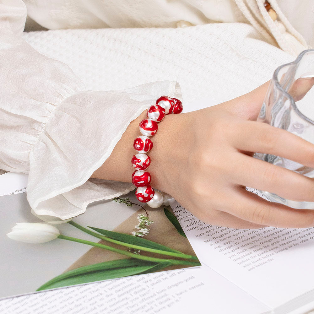 White Beads with Red Accents Bracelet – Unisex Handmade Bracelet with White Beads and Red Highlights