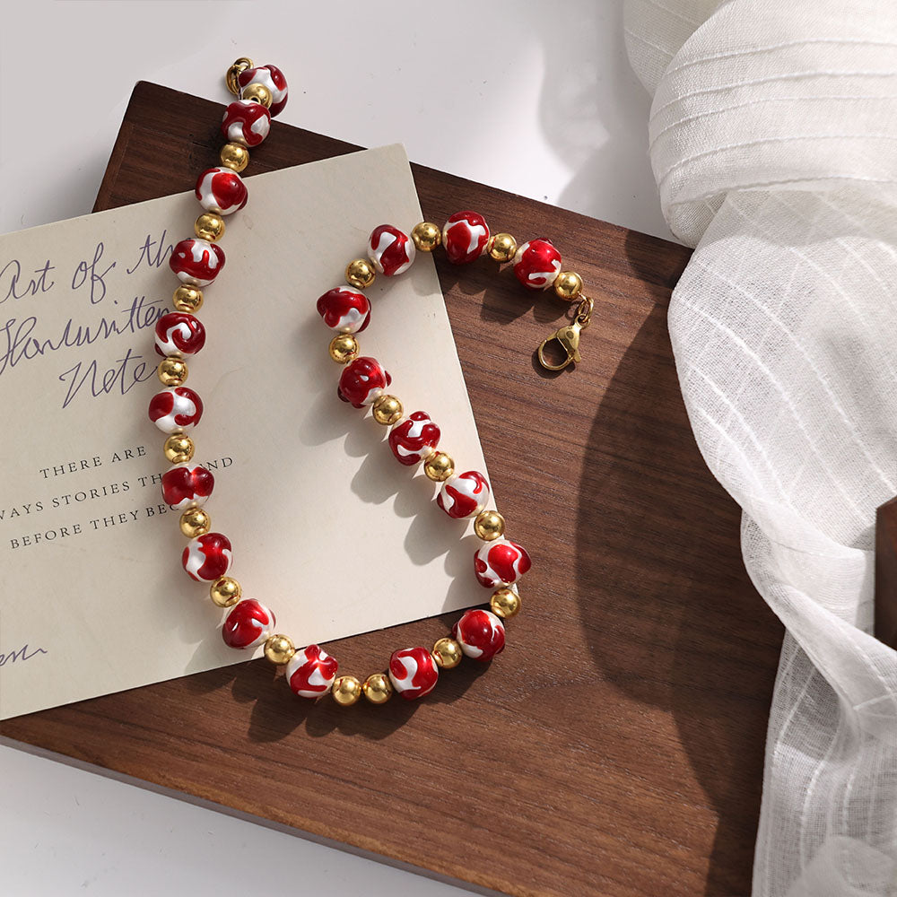 Dawn Glow Necklace with White Beads and Red Accents on 316 Stainless Steel 18K Gold Plated Chain – Unisex Handmade Jewelry