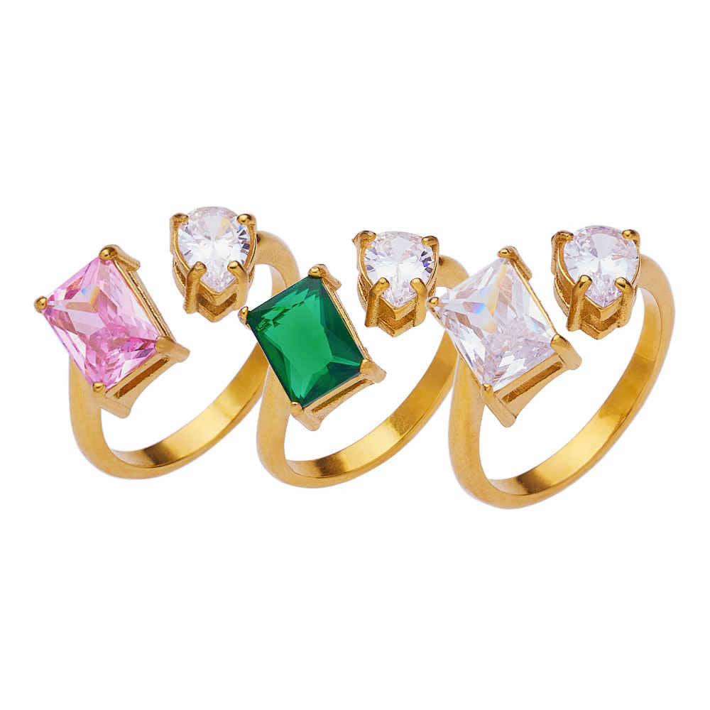 Bague agate et zircon en acier inoxydable plaqué or 18 carats