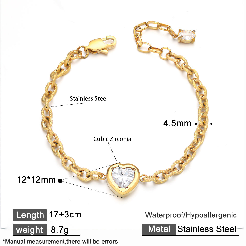 18K Gold Plated 316 Stainless Steel Heart Bracelet with Cubic Zirconia & White CZ Accent on Chain End – Waterproof & Hypoallergenic