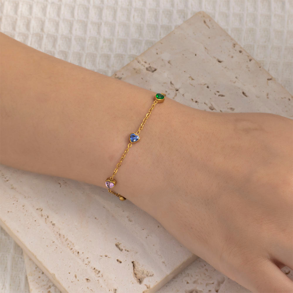 316 Stainless Steel 18K Gold Plated Bracelet with 5 Colorful Heart Zircon Stones | Dazzling Fashion Jewelry