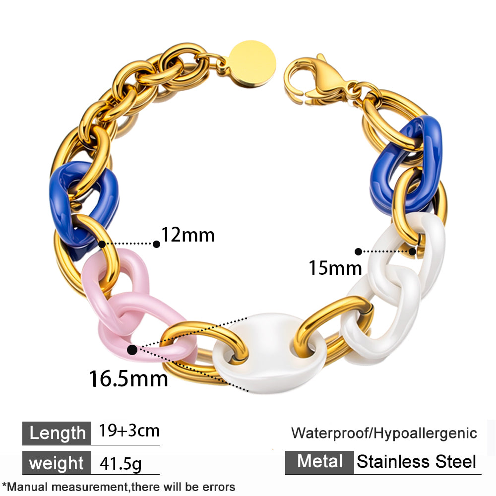 Aurora Ceramic Accent Bracelet – White, Blue & Pink Ceramic, 18K Gold-Plated Stainless Steel, Chunky