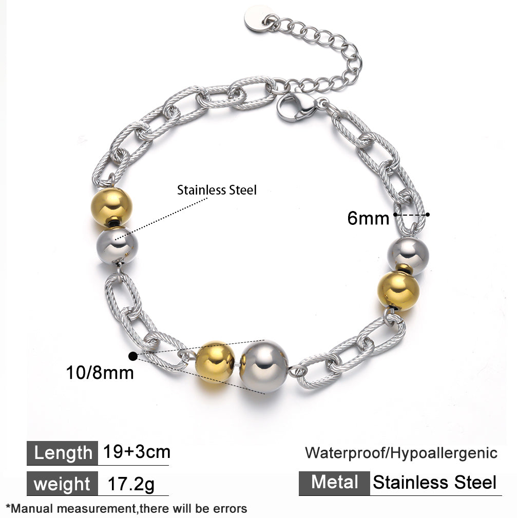 Silver Chain Bracelet with Gold and Silver Beads – 316 Stainless Steel, Hypoallergenic & Durable