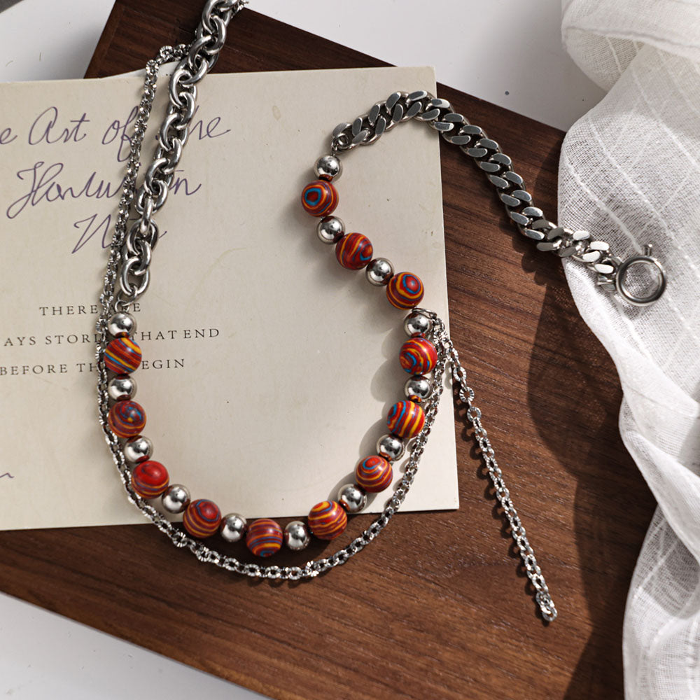 Cosmic Orbit Double-Layer Necklace – Stainless Steel Chain with Planet-Inspired Beads, Unisex Handmade Jewelry