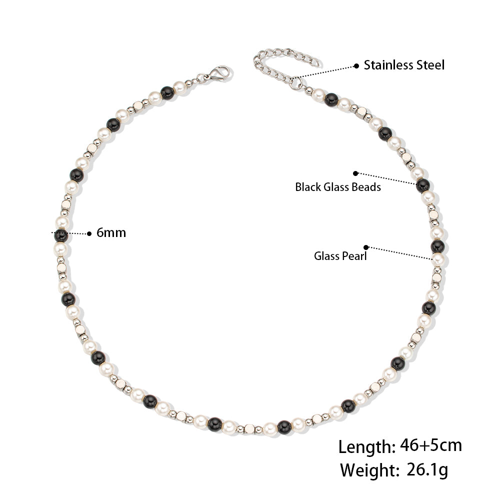 Black Glass Beads, White Glass Pearls & Stainless Steel Beaded Necklace