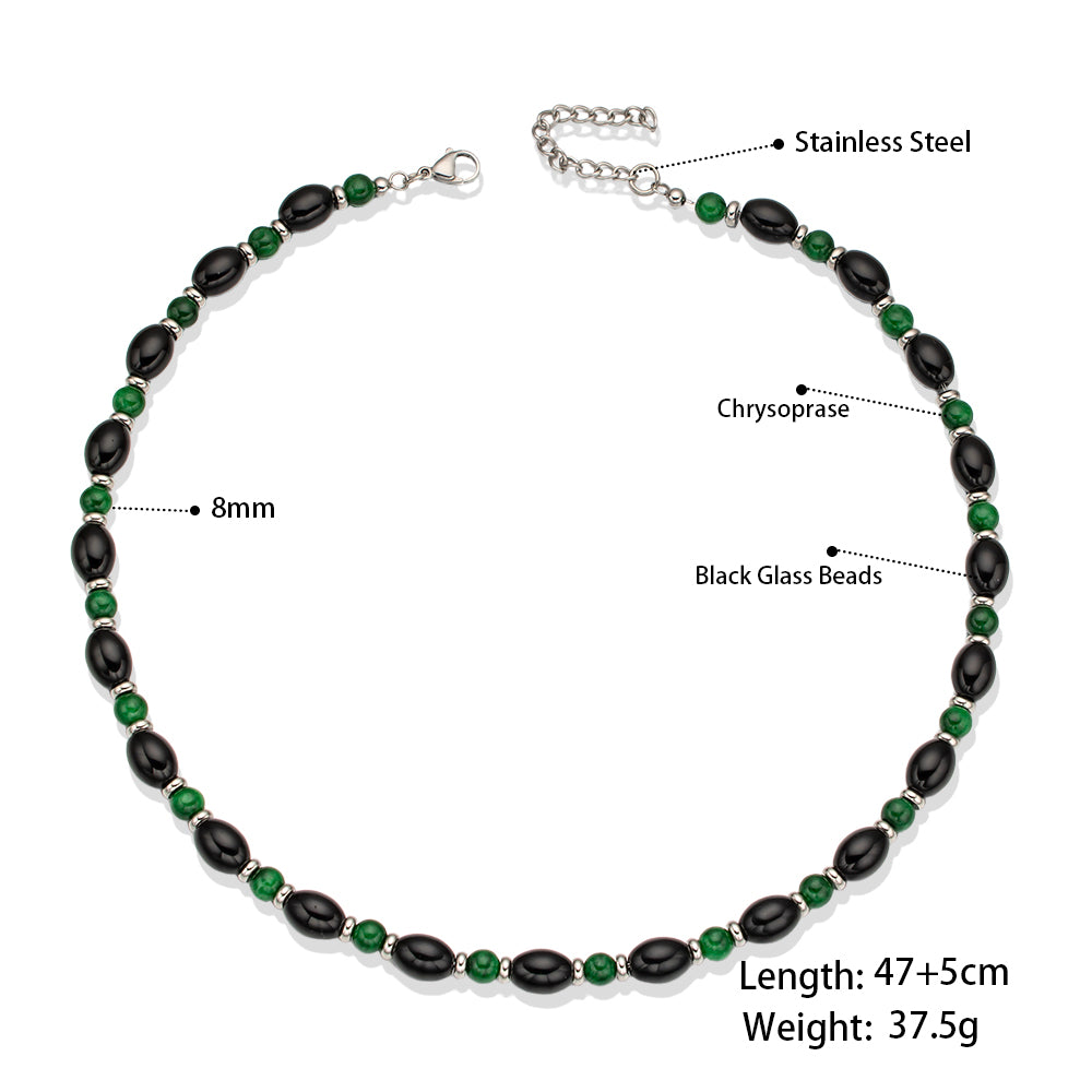 Black Glass Stone & Green Chalcedony Necklace