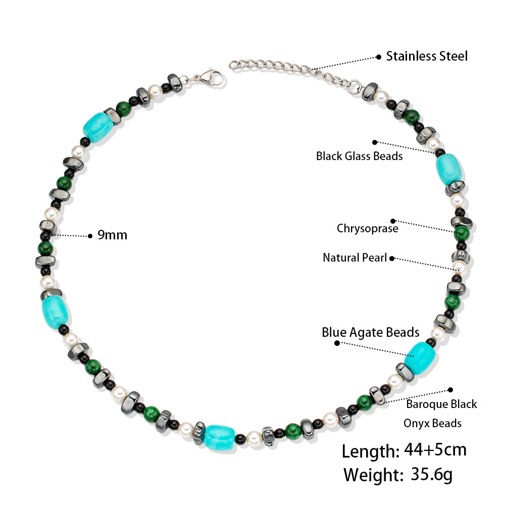 Black Irregular Obsidian, White Pearls & Green & Blue Chalcedony Necklace
