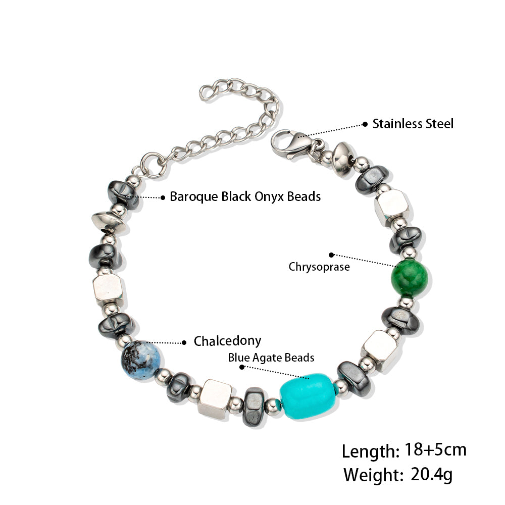 Forest Trio Bracelet – Unisex Handmade Bracelet with Black Irregular Dendritic Stone, Green & Blue Chalcedony