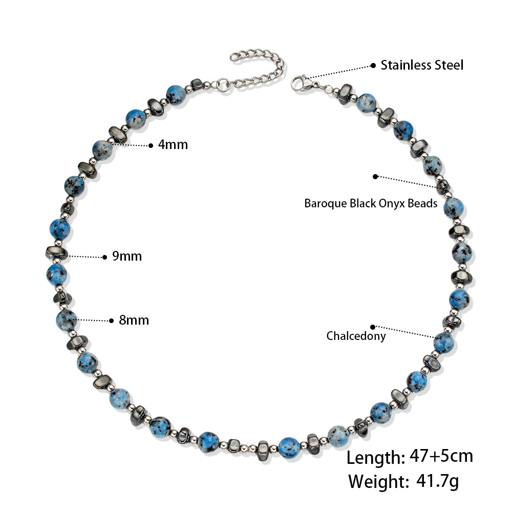 Black Dendritic Stone & Blue Spotted Chalcedony Necklace