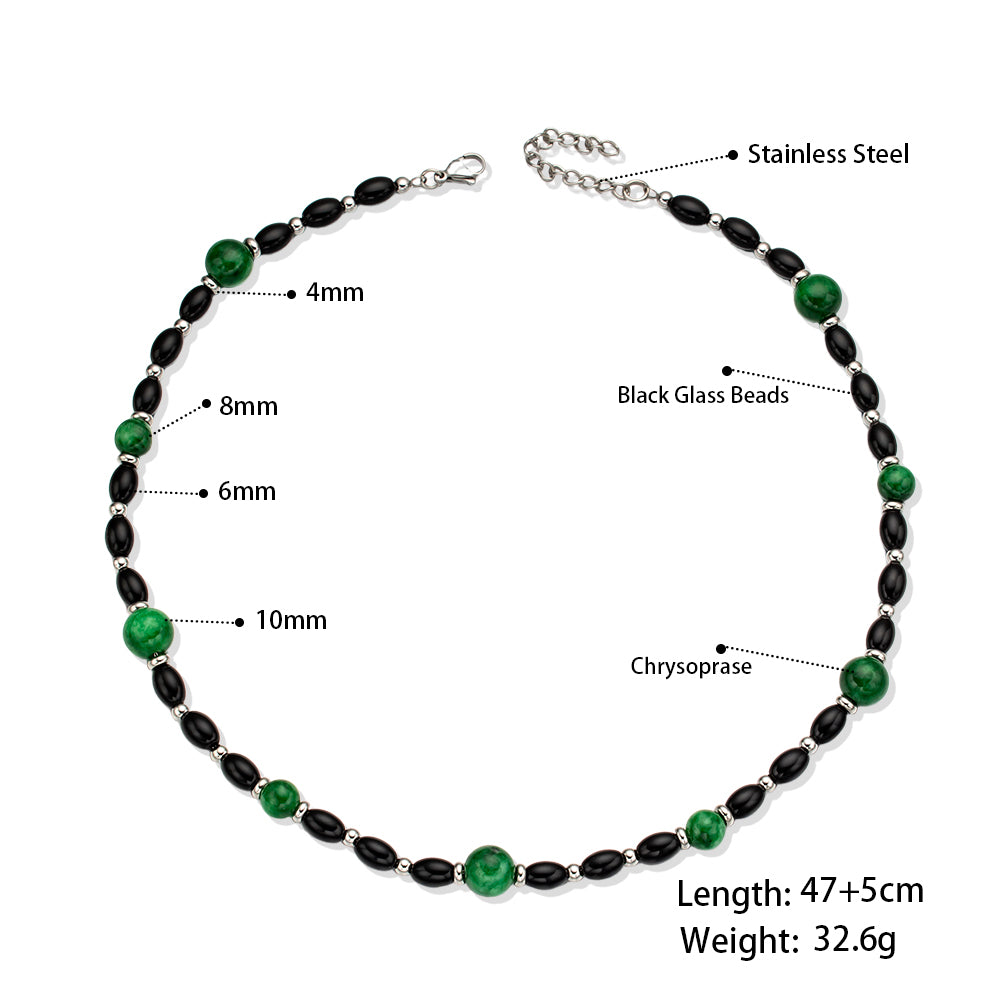 Black Glass & Green Chalcedony Necklace – Unisex Handmade Necklace with Black Glass and Green Chalcedony
