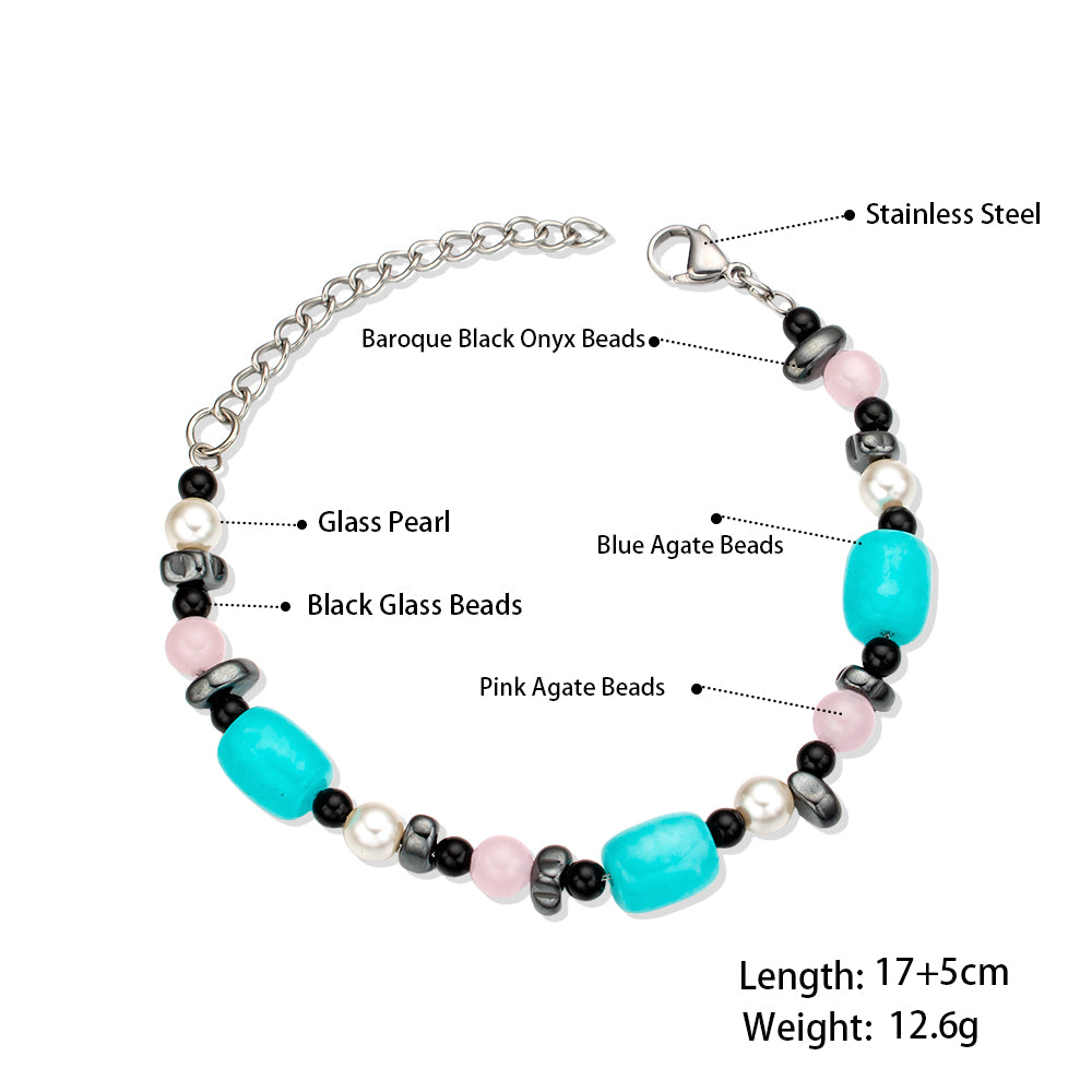 Starry Dream Three-Stone Bracelet – Unisex Handmade Bracelet with Black Irregular Dendritic Stone, Pink & Blue Chalcedony
