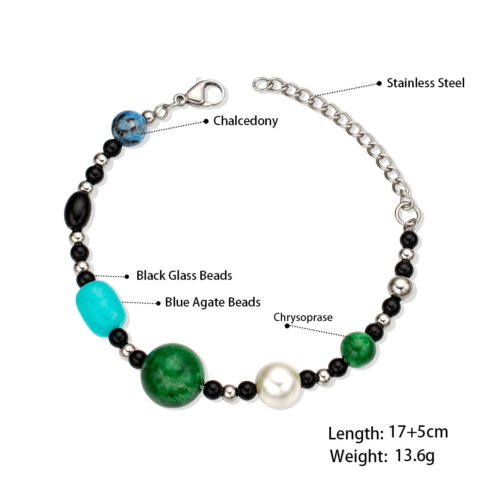 Blue Spotted Chalcedony, White Glass Pearl, Green & Blue Chalcedony Bracelet