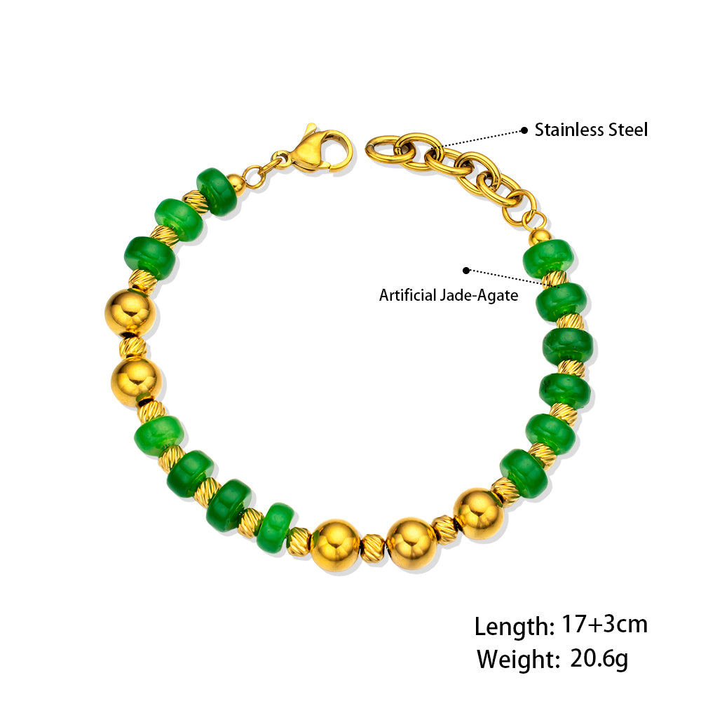 Synthetic Green Jade & 18k Gold Plated Stainless Steel Bracelet – Unisex Handmade Bracelet with Green Jade and Gold Stainless Steel