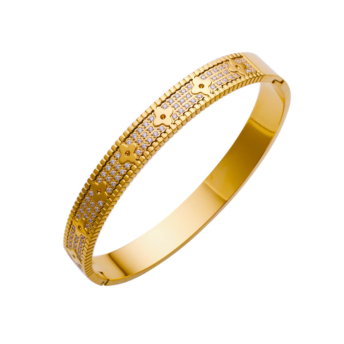 Armreif aus Edelstahl mit 18 Karat Goldplattierung und hohlem vierblättrigem Kleeblatt