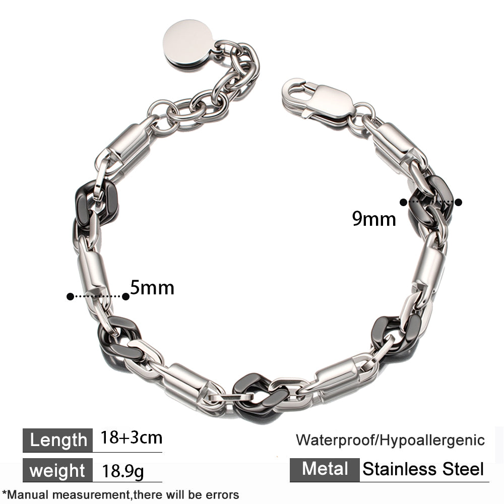 Obsidian Fusion Bracelet – Black Ceramic & Silver Stainless Steel, Mixed-Material Chunky