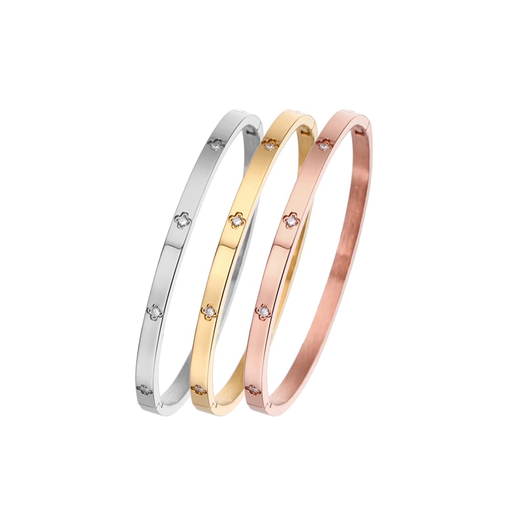 Bracelet jonc quatre feuilles en acier inoxydable plaqué or 18 carats et zircon