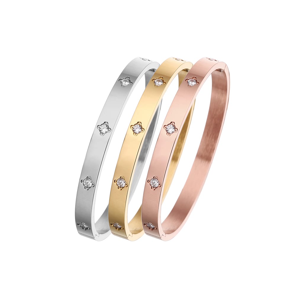 Bracelet jonc quatre feuilles en acier inoxydable plaqué or 18 carats et zircon