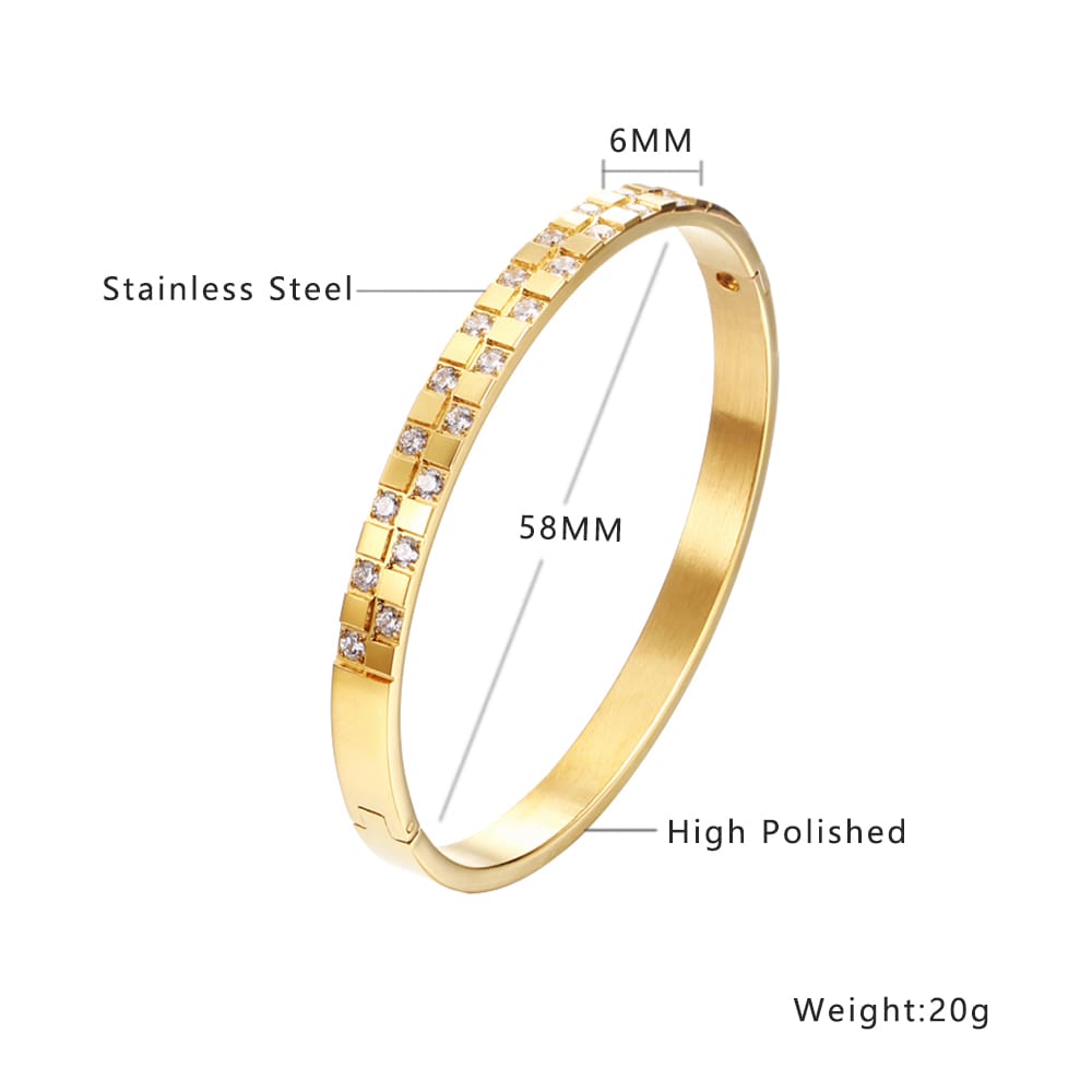 Bracelet en acier inoxydable plaqué or 18 carats avec deux rangées de zircons carrés