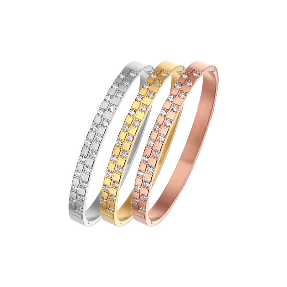 Bracelet en acier inoxydable plaqué or 18 carats avec deux rangées de zircons carrés