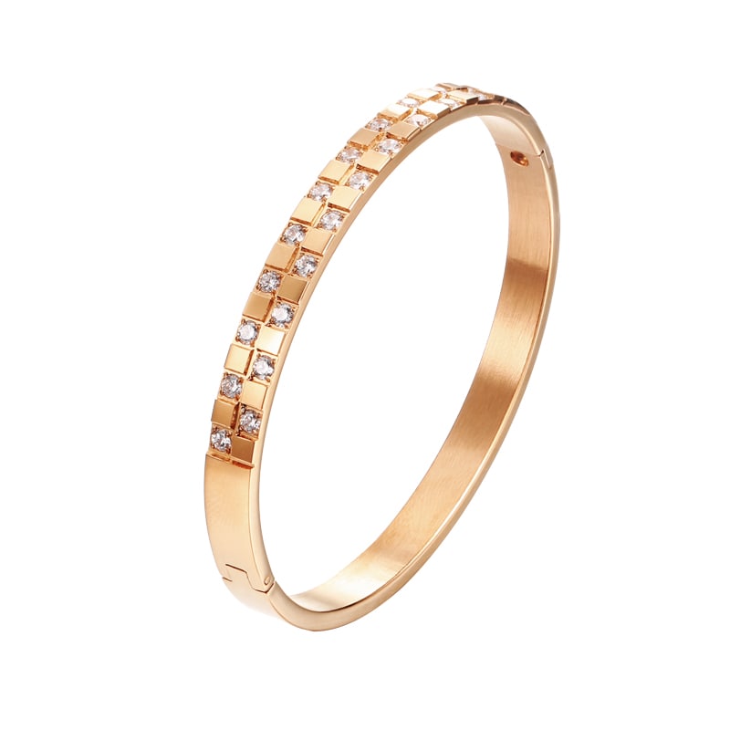 Bracelet en acier inoxydable plaqué or 18 carats avec deux rangées de zircons carrés