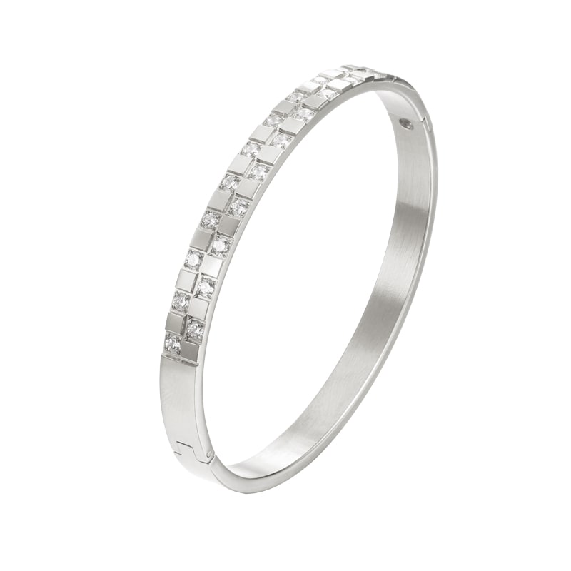 Bracelet en acier inoxydable plaqué or 18 carats avec deux rangées de zircons carrés