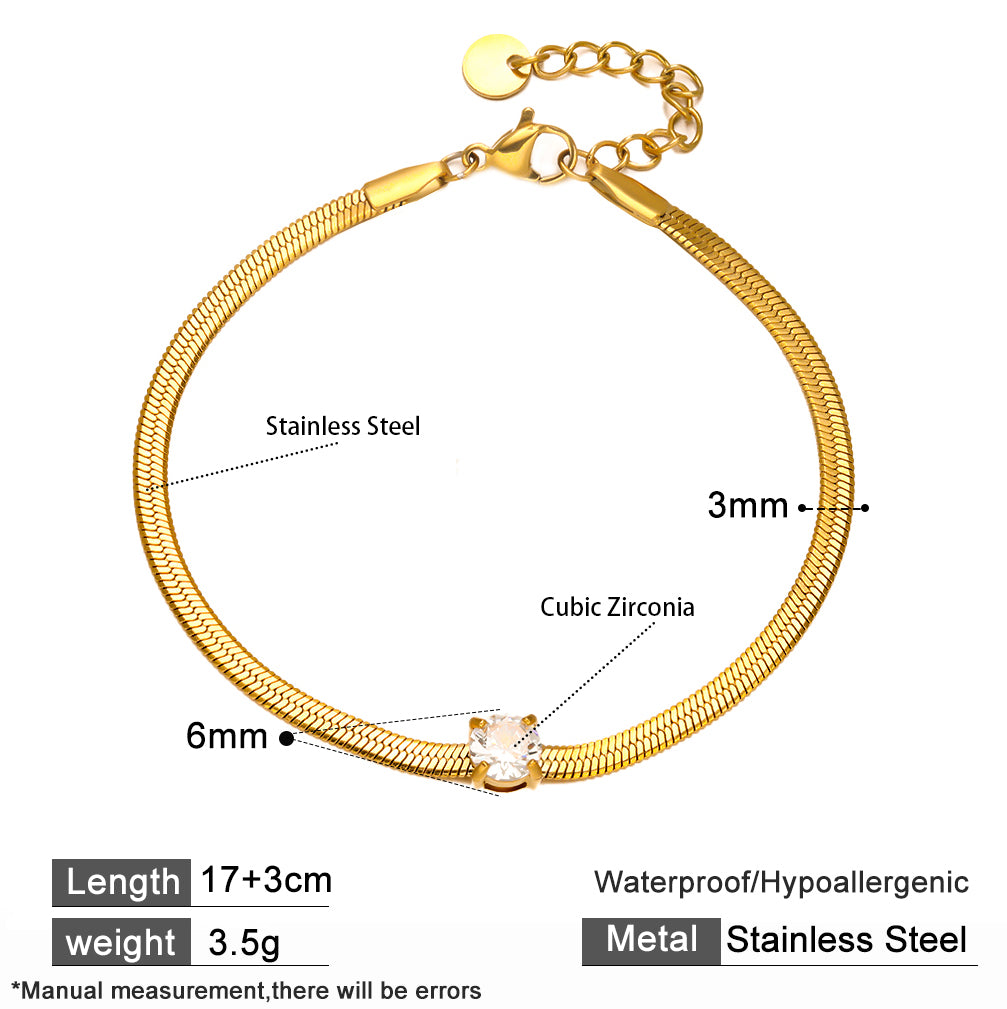 18K Gold Plated 316 Stainless Steel Snake Chain Bracelet with White Cubic Zirconia – Waterproof & Hypoallergenic
