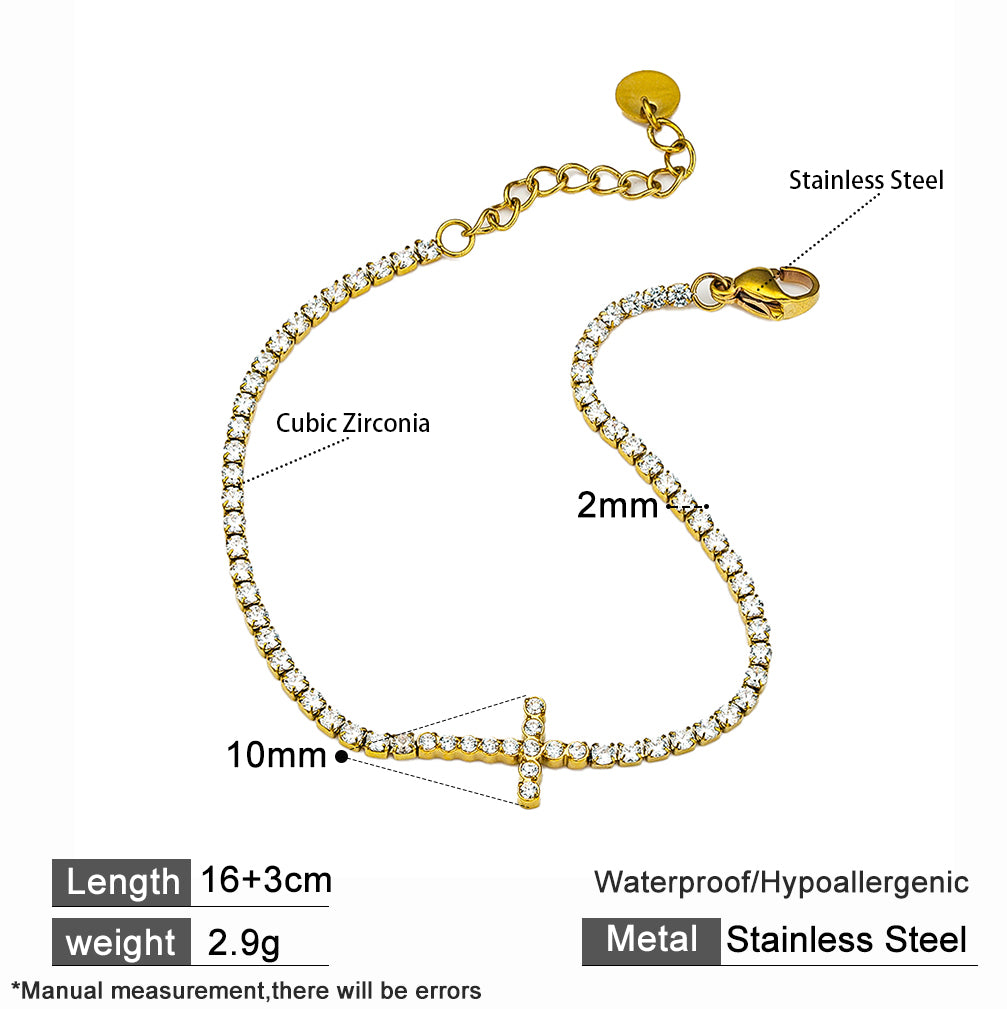 18K Gold Plated 316 Stainless Steel Full White Cubic Zirconia Bracelet with Cross Pendant – Waterproof & Hypoallergenic