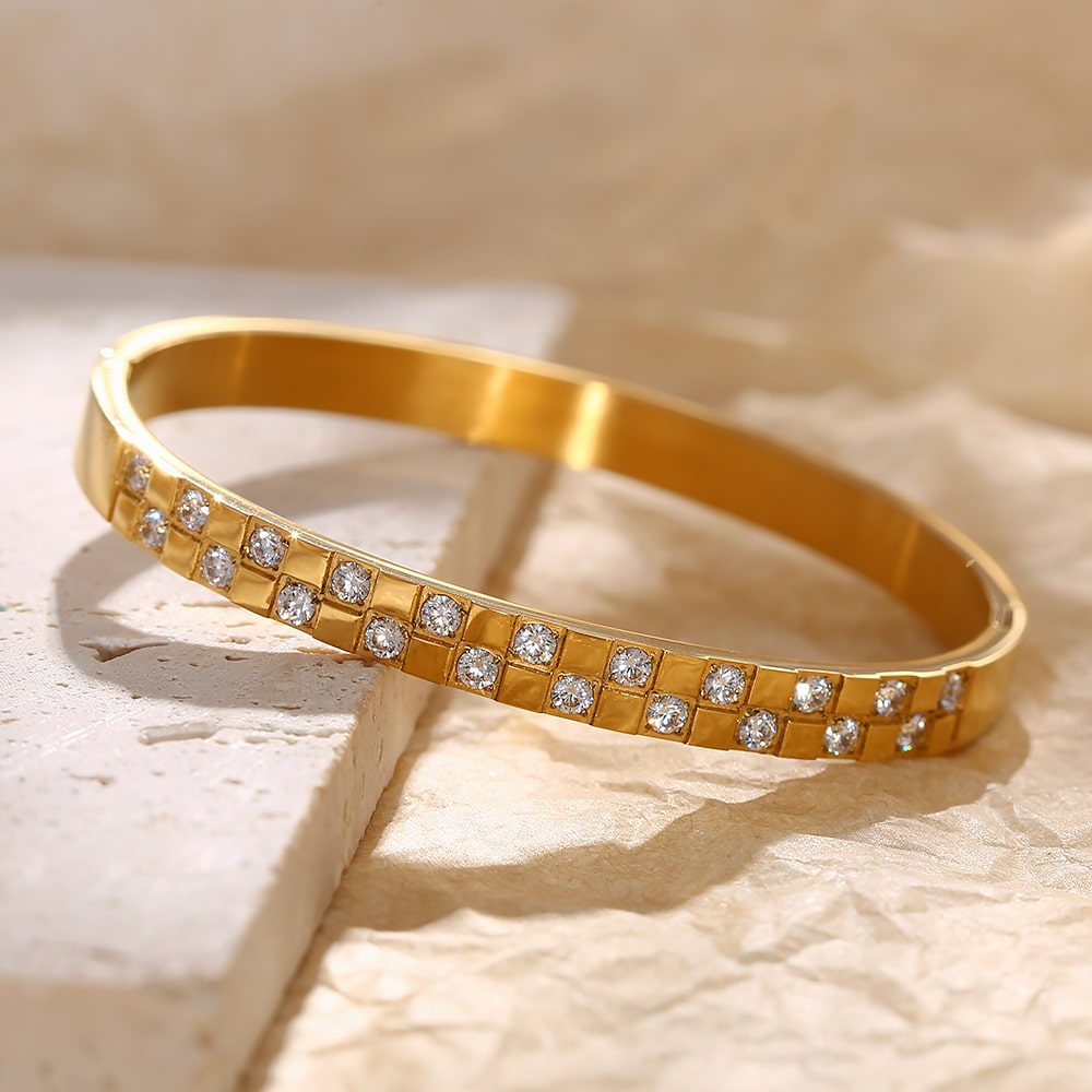 Bracelet en acier inoxydable plaqué or 18 carats avec deux rangées de zircons carrés