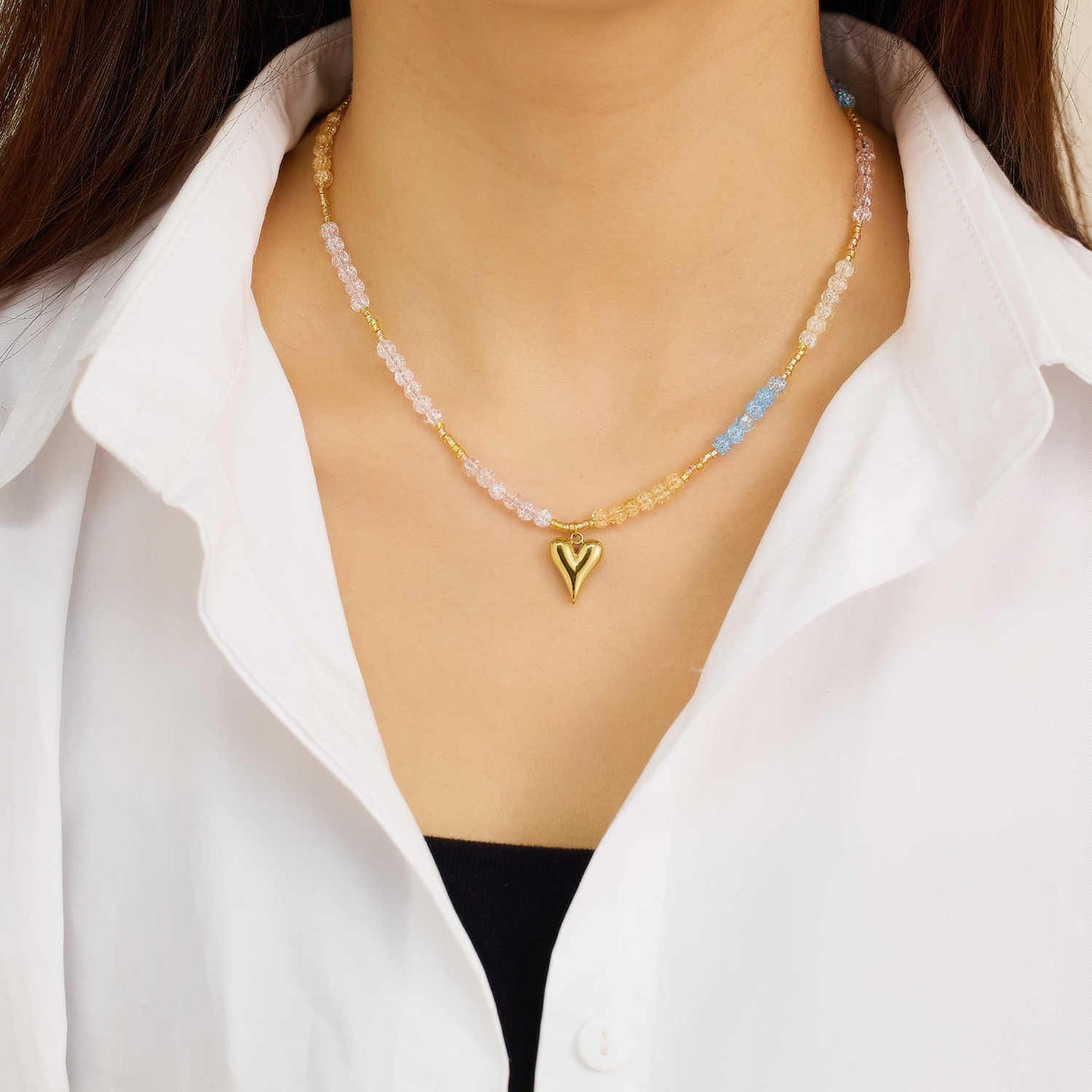 Collier de perles d'amour en acier inoxydable plaqué or 18 carats