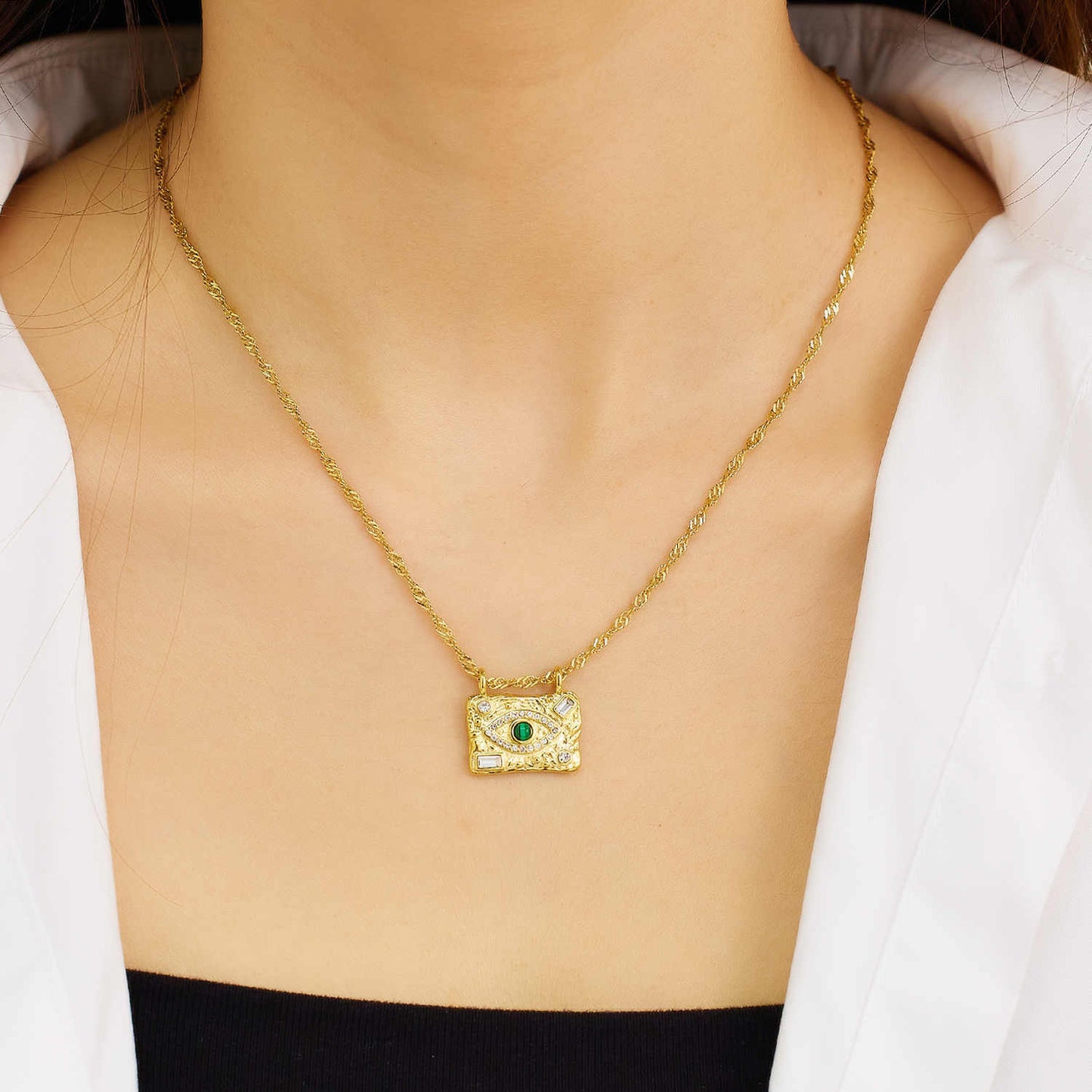 Collier de perles en acier inoxydable plaqué or 18 carats avec plaque d'agate et zircon