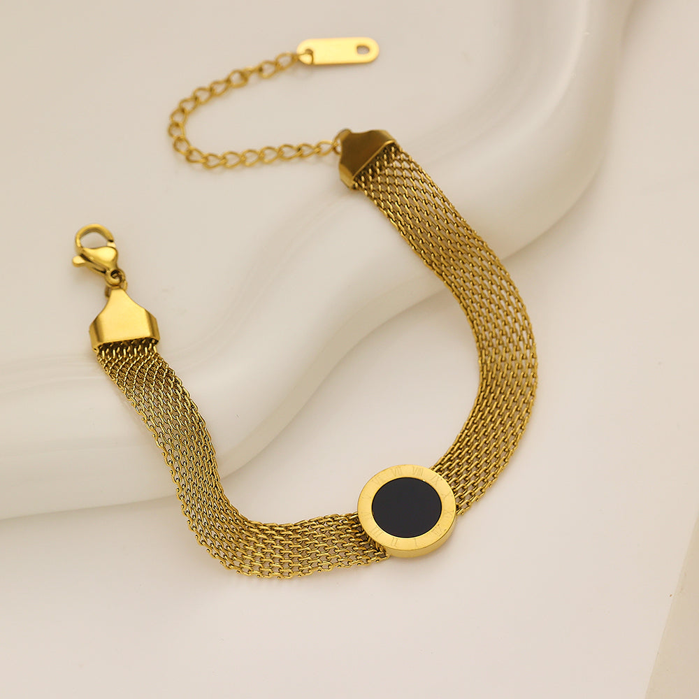 Black Circle Pendant Watch Strap Bracelet – Minimalist Stainless Steel Jewelry, Scratch Resistant & Comfortable