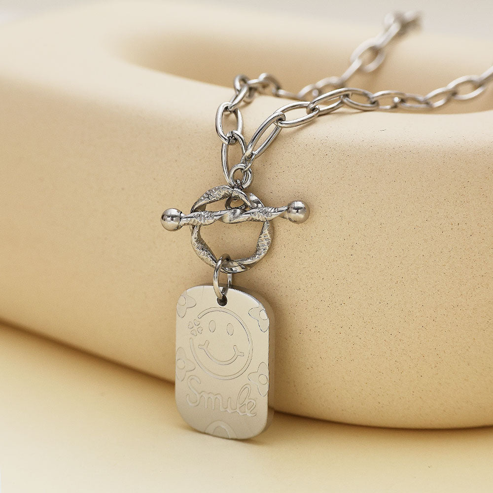 316 Stainless Steel OT Chain Necklace with Heart & Smiley Pendant | Trendy Statement Jewelry for Women