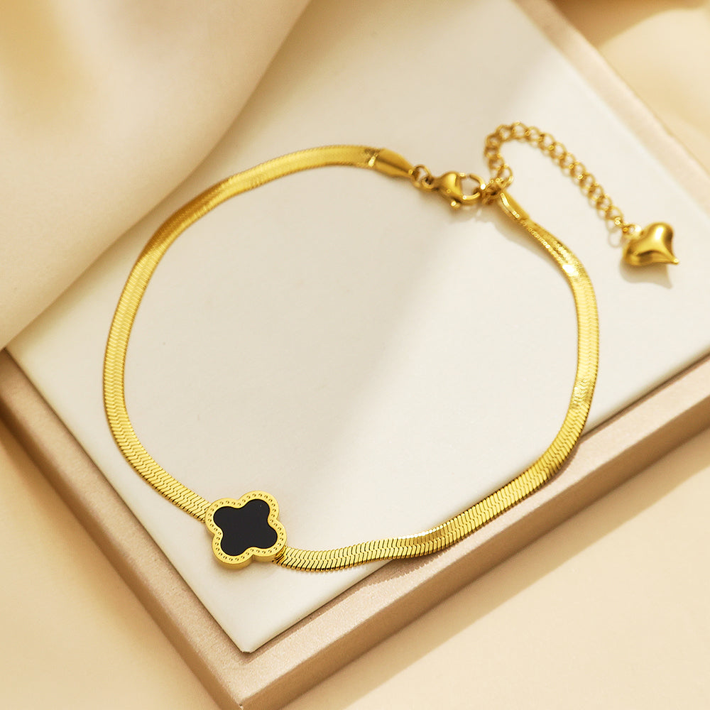 316 Stainless Steel Herringbone Chain Bracelet with Black Clover Pendant | Lucky Gold Plated Jewelry for Women