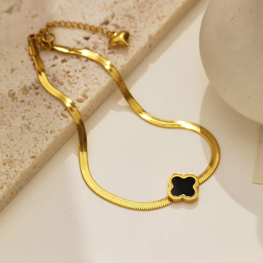 316 Stainless Steel Herringbone Chain Bracelet with Black Clover Pendant | Lucky Gold Plated Jewelry for Women